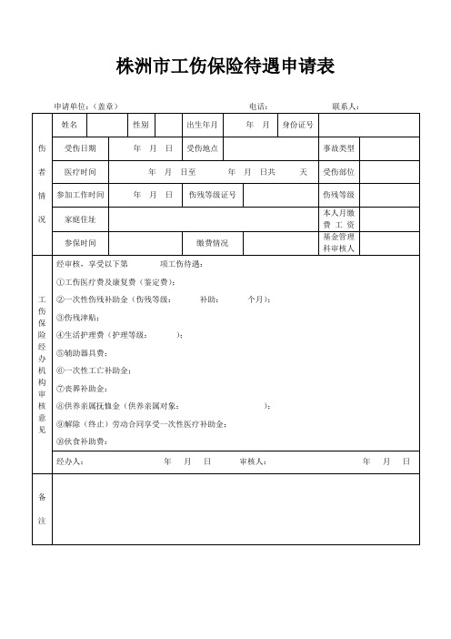 株洲市工伤保险待遇申请表(空白)