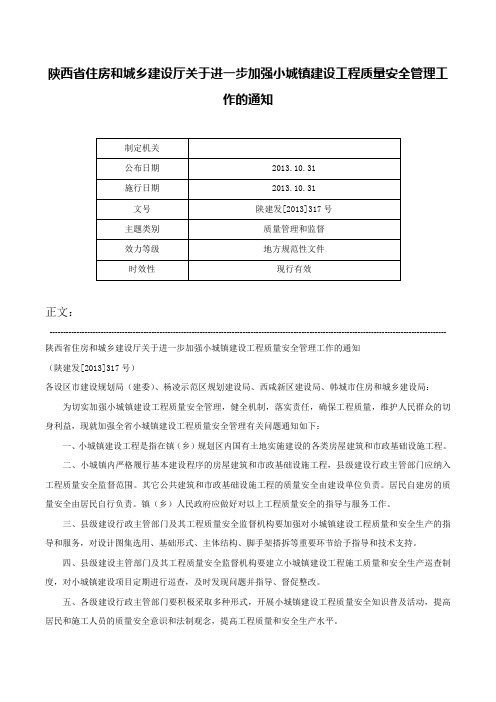 陕西省住房和城乡建设厅关于进一步加强小城镇建设工程质量安全管理工作的通知-陕建发[2013]317号