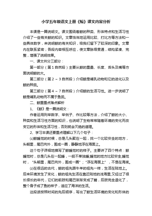 小学五年级语文上册《鲸》课文内容分析