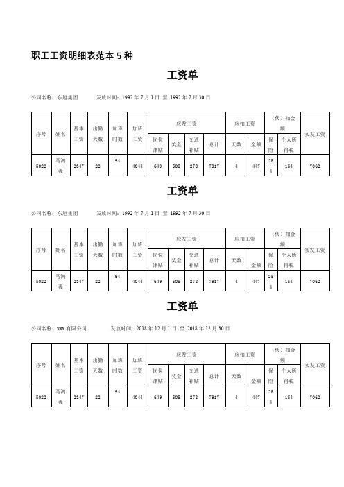 职工工资明细表范本5种