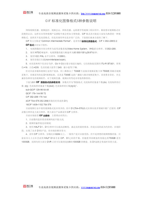 视频画质CIF标准化图像格式5种参数说明