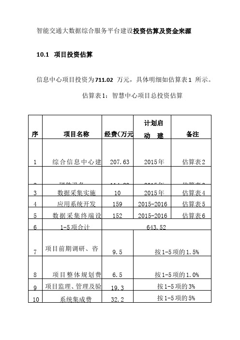 智能交通大数据综合服务平台建设投资估算及资金来源