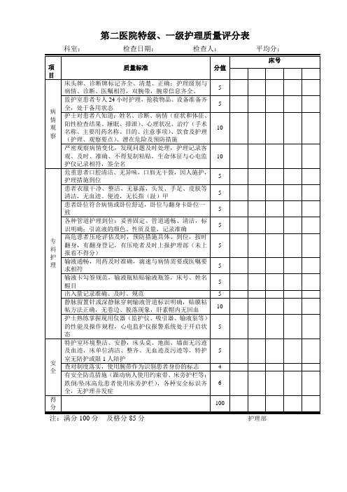 特级、一级护理质量评分表