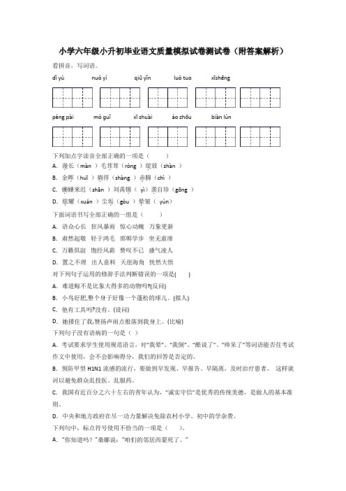 小学六年级小升初毕业语文质量模拟试卷测试卷(附答案解析)