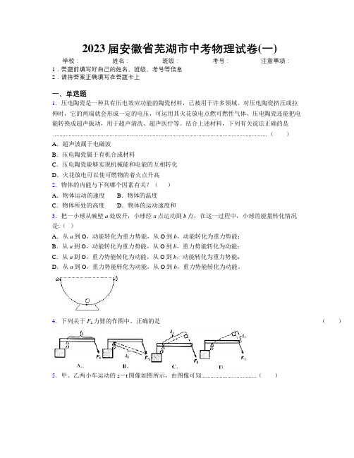 最新2023届安徽省芜湖市中考物理试卷(一)及解析