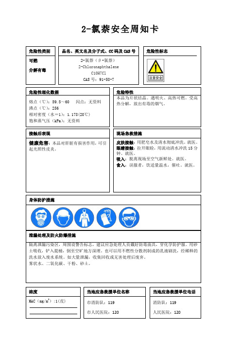 2-氯萘安全周知卡、职业危害告知卡、理化特性表