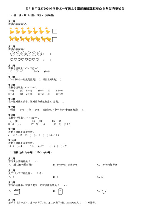 四川省广元市2024小学数学一年级上学期部编版期末测试(备考卷)完整试卷