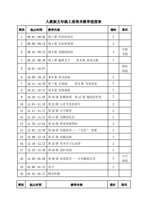 人教版五年级上册美术教学进度表