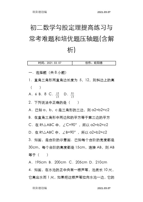 初二数学勾股定理提高练习与常考难题和培优题压轴题(含解析) 之欧阳德创编