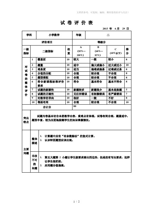 金安区小学二年级数学试卷分析表