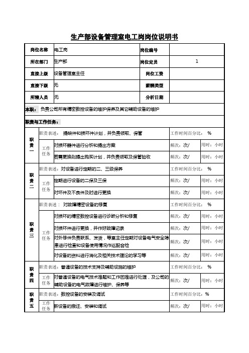 生产部设备管理室电工岗岗位说明书