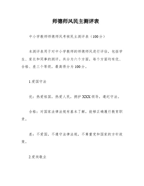 师德师风民主测评表