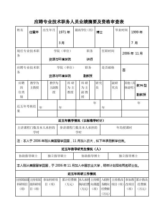 应聘专业技术职务人员业绩摘要及资格审查表