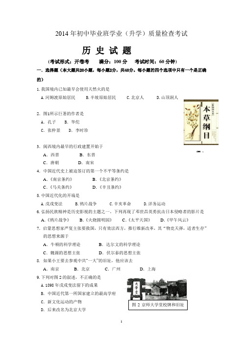 2014年初中毕业班学业(升学)质量检查考试历史试题