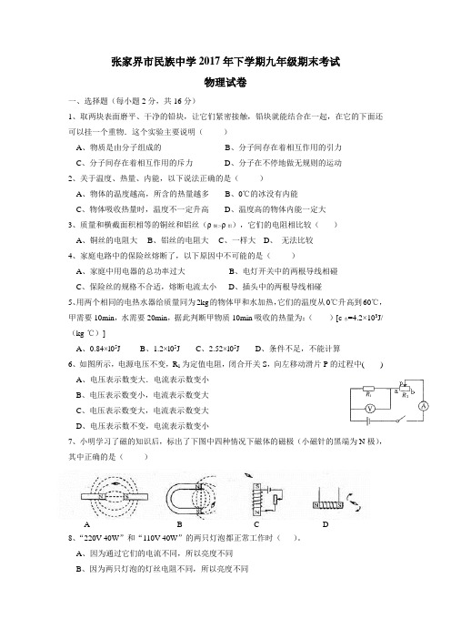 2017届九年级下学期期末考试物理试题(无答案)