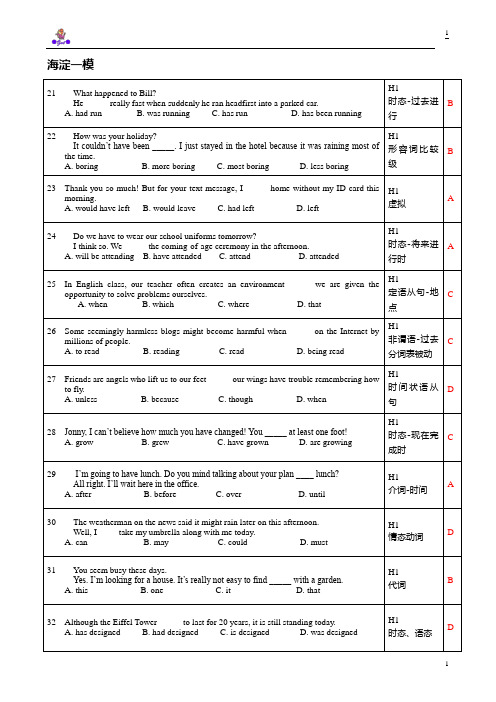 2012年北京各城区高考一、二模英语单选题分类汇编(含答案)-整理版