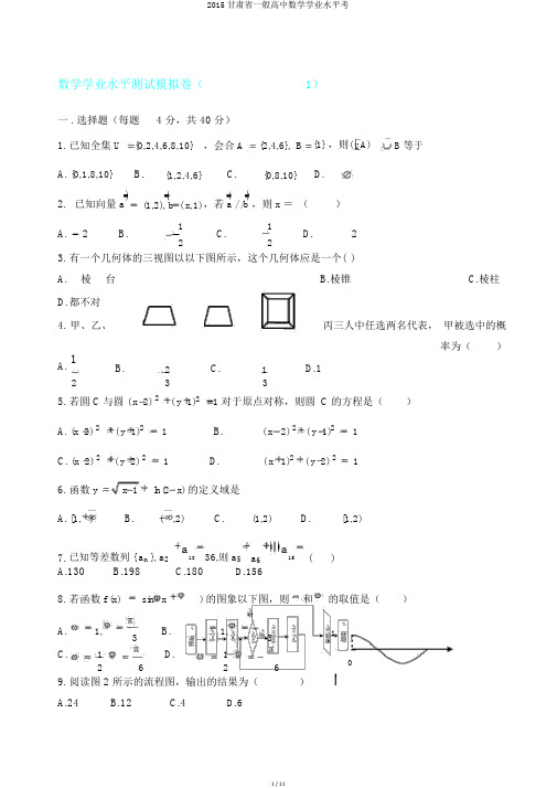 2015甘肃省普通高中数学学业水平考
