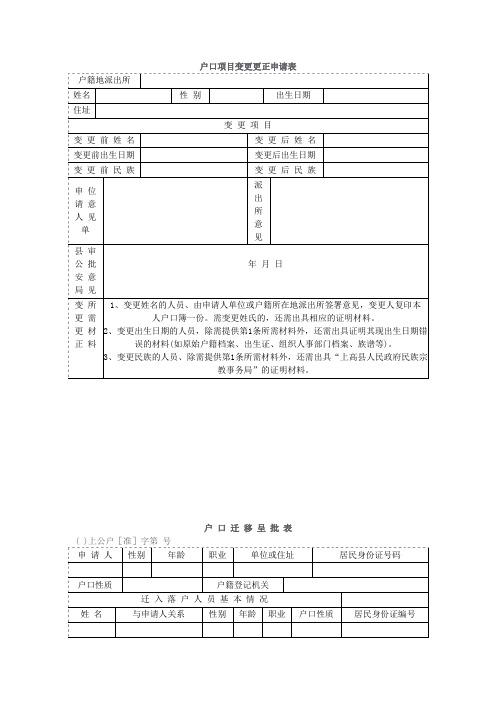 户口项目变更更正申请表