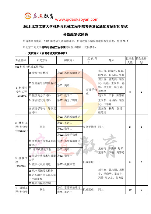 2018北京工商大学材料与机械工程学院考研复试通知复试时间复试分数线复试经验