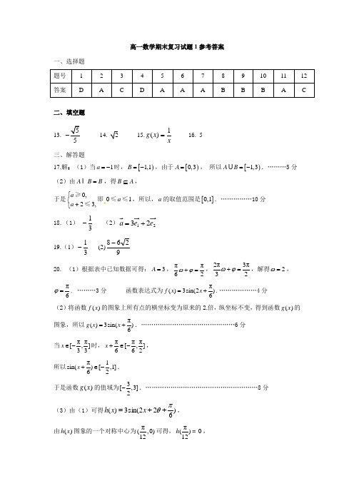 高一数学模拟试卷一参考答案