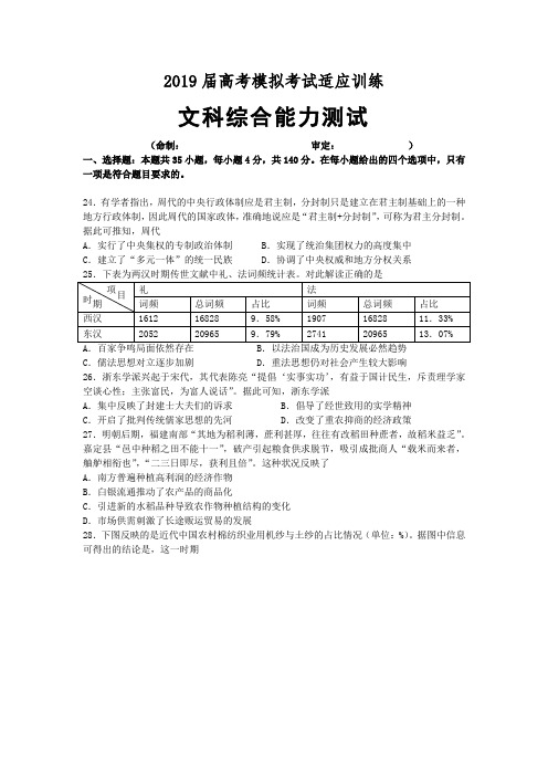 山东省邹城二中2019届高三2月高考模拟考试适应训练文综历史试卷
