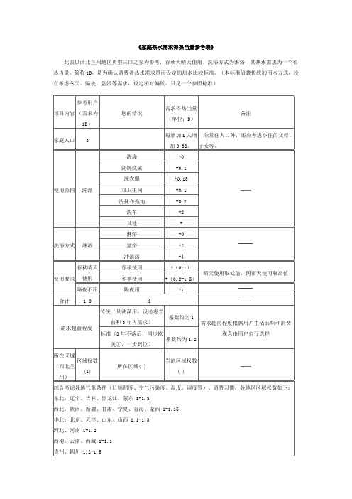 家庭热水需求得热当量参考表