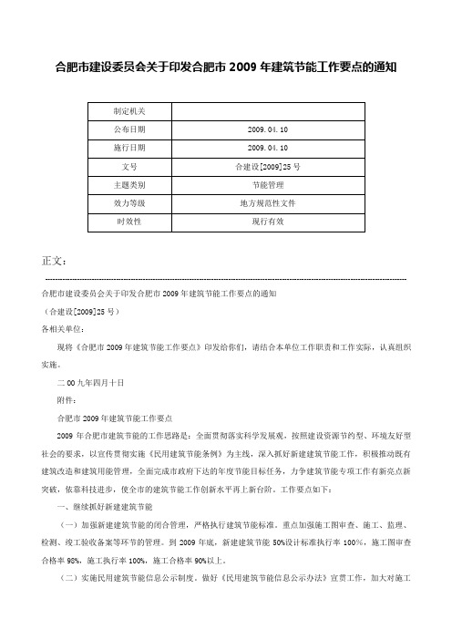 合肥市建设委员会关于印发合肥市2009年建筑节能工作要点的通知-合建设[2009]25号