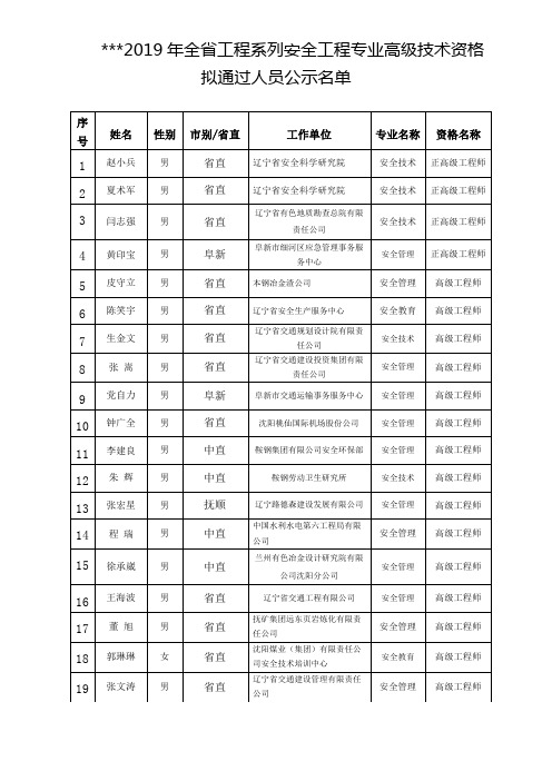 2019年全省工程系列安全工程专业高级技术资格拟通过人员公示名单【模板】