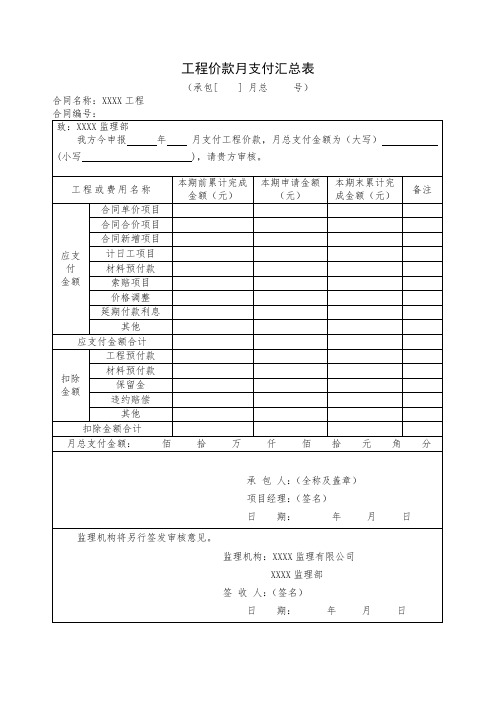 工程价款月支付汇总表