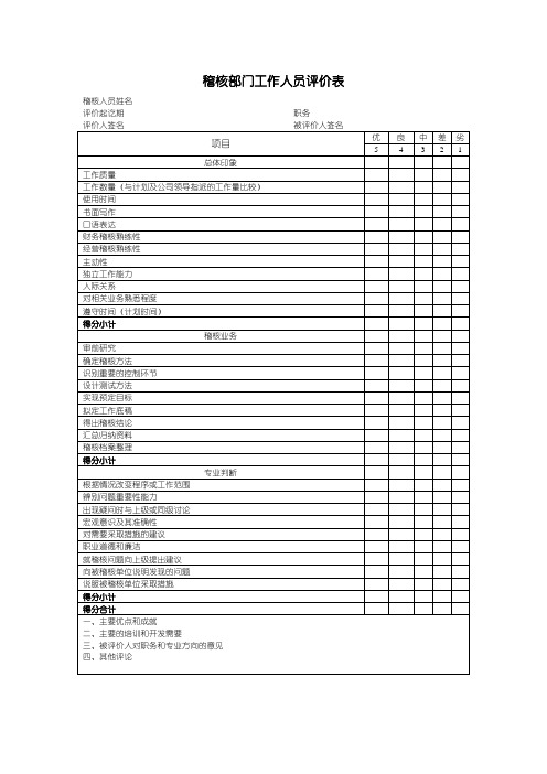 稽核部门工作人员评价表