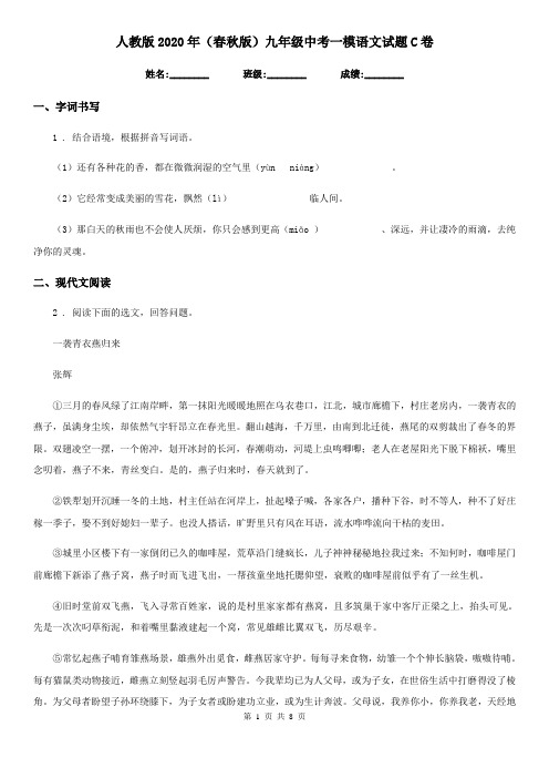 人教版2020年(春秋版)九年级中考一模语文试题C卷