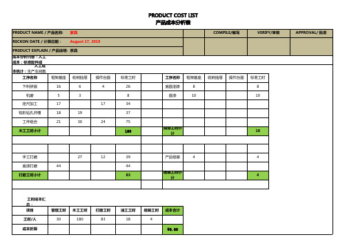 家具产品成本计算表(含公式)