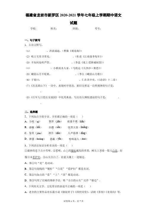 福建省龙岩市新罗区2020-2021学年七年级上学期期中语文试题(word版 含答案)