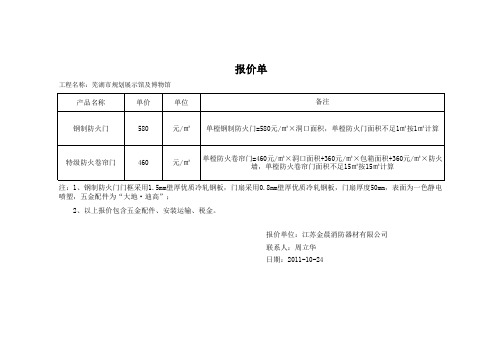 防火门、防火卷帘门综合报价单