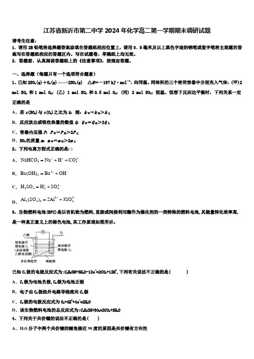 江苏省新沂市第二中学2024年化学高二第一学期期末调研试题含解析