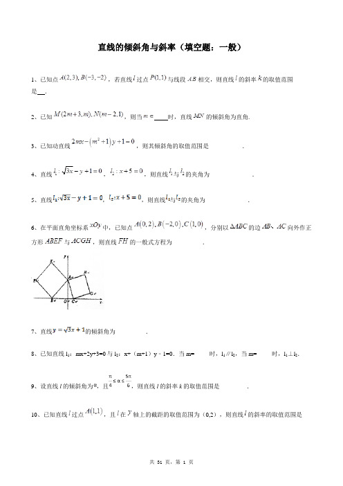 高中数学必修二同步练习题库：直线的倾斜角与斜率(填空题：一般)