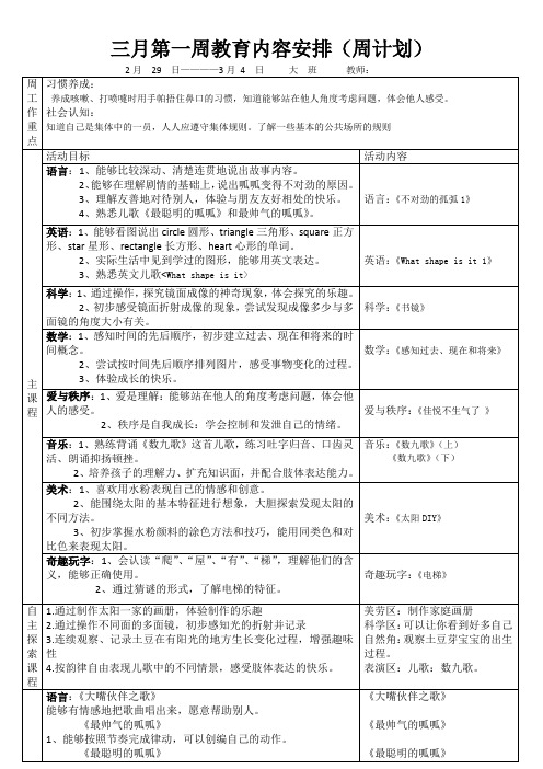 大班周教育内容安排(3月第一周)