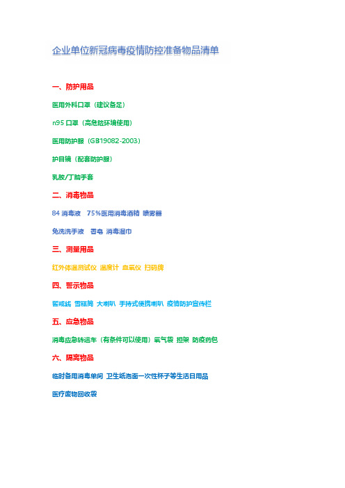 企业单位新冠病毒疫情防控准备物品清单