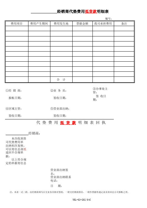 经销商代垫费用明细表11年版