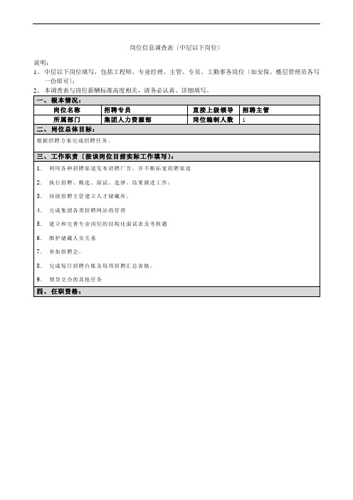 岗位信息调查表(招聘专员)