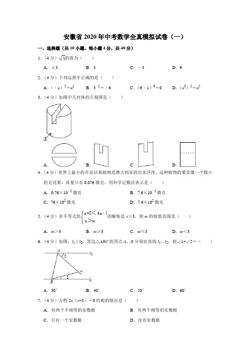 安徽省2020年中考数学全真模拟试卷(一)含解析