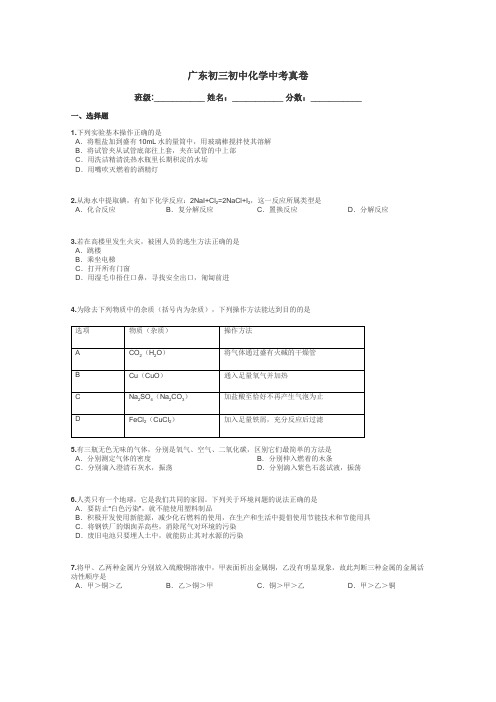 广东初三初中化学中考真卷带答案解析
