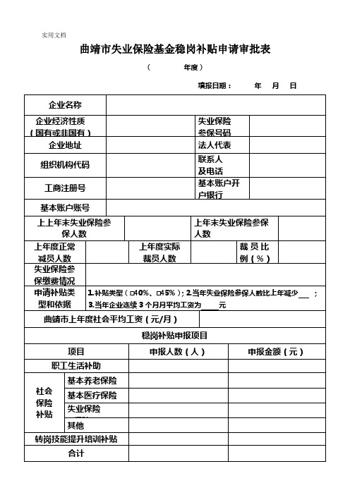 曲靖市失业保险基金稳岗补贴申请审批表