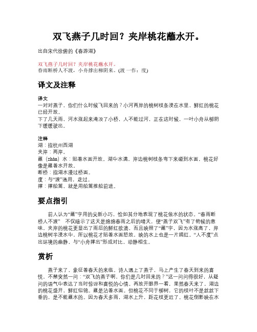 双飞燕子几时回?夹岸桃花蘸水开。