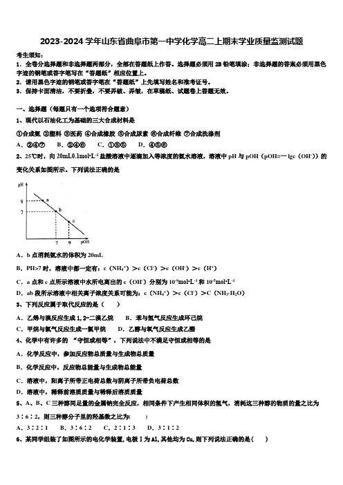 2023-2024学年山东省曲阜市第一中学化学高二上期末学业质量监测试题含解析