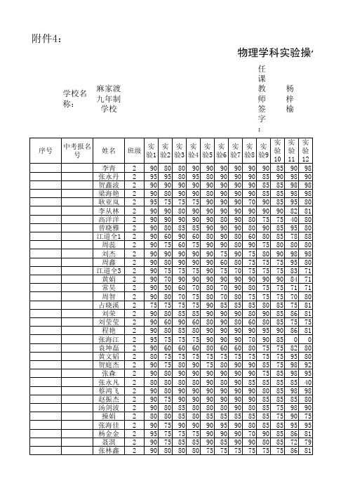 (九年级)物理学科实验操作成绩登记表