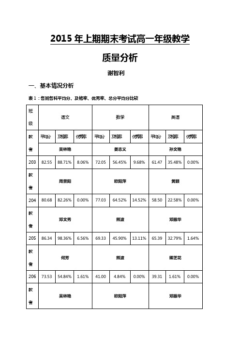 2015年上期期末考试高一质量分析