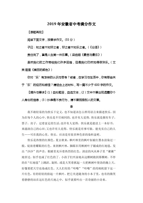 2019年安徽省中考满分作文《乐》