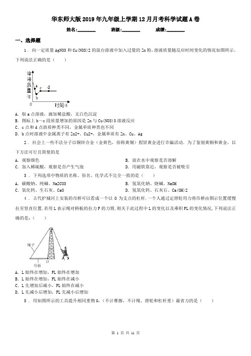 华东师大版2019年九年级上学期12月月考科学试题A卷