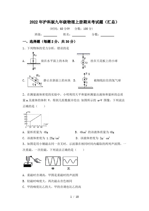 2022年沪科版九年级物理上册期末考试题(汇总)